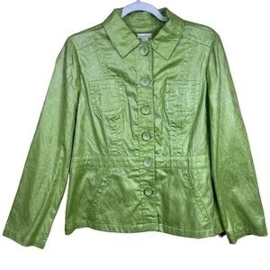 Chicos Button Up Jacket Mid Length Long Sleeve Collared Pocketed Green Sz Medium